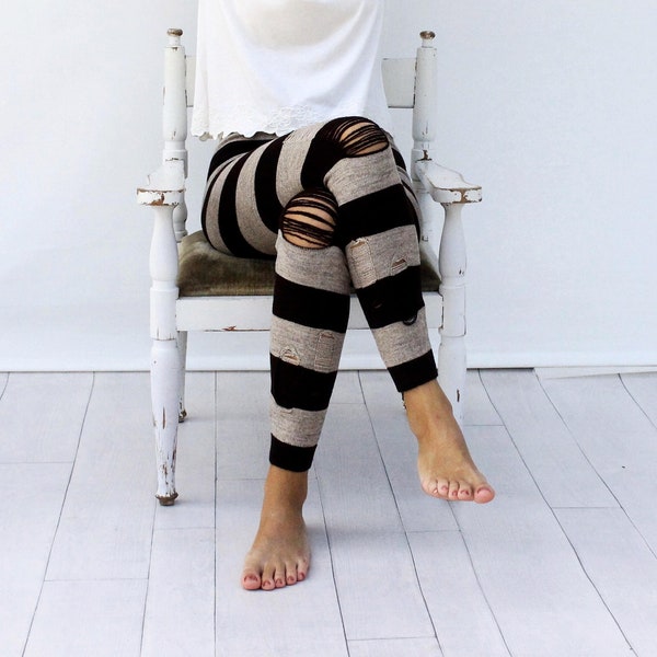 Leggings rasgados a rayas de punto marrón y marrón lechoso, leggings para mujer, regalo de ropa, regalo del día de las madres, regalo para ella, leggings casuales