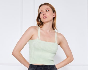 Water Green Viscose Ribbed Knit Crop Top For Women, Minimal Spaghetti Strapped Crop Top, Square Neck, Christmas Gifts, Yoga Top