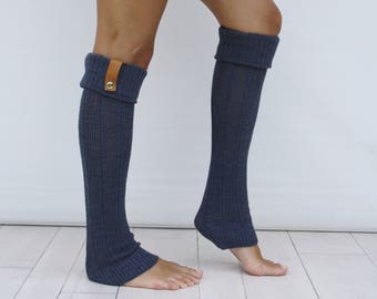 Indigo Knitted Legwarmer with Light Brown Leather Rivet Details, Dancing Leg Warmers, Gift for Her, Leg Warmers Women, Valentine's Day Gift