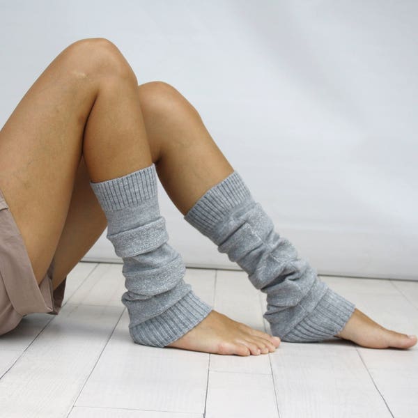 Leg Warmers Women, Gray And Silver Shining Knit Striped Leg Warmers, Dancing Leg Warmers, Mothers Day Gift, Gift For Her