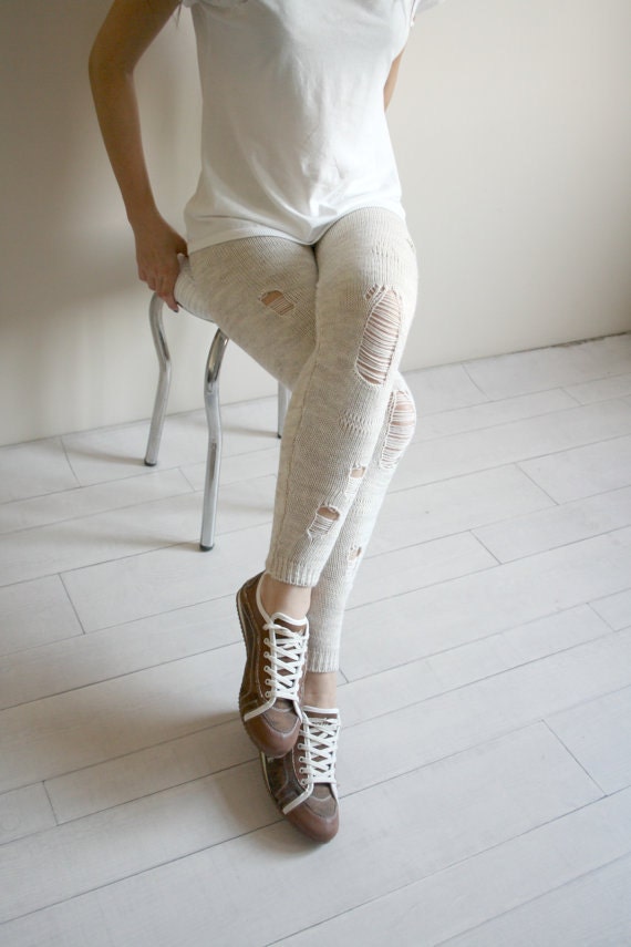 Beige Knitted Stretch Ripped Leggings 