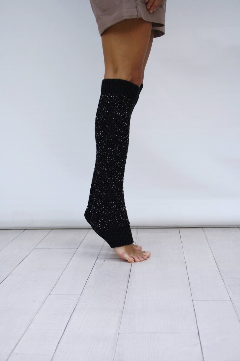 Black Knit Leg Warmers With Silver Shining Mix Honey Comb Etsy
