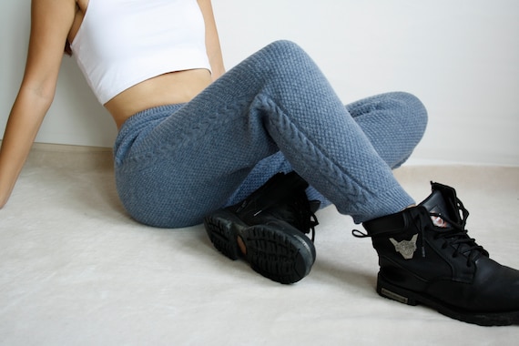 Denim Blue Knitted Cable Women Leggings, Warm and Soft