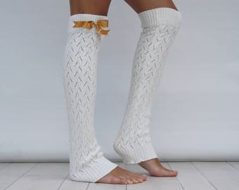 Leg Warmers Women, Ivory Knit Leg Warmers with Saffron Ribbon, Yoga Leg Warmers, Dancing Leg Warmers, Christmas Gifts, Gift For Her