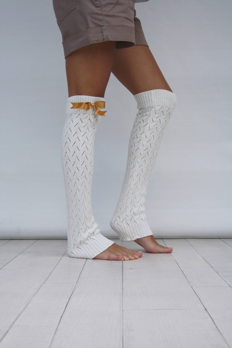 Leg Warmers Women Ivory Knit Leg Warmers With Saffron Ribbon Etsy