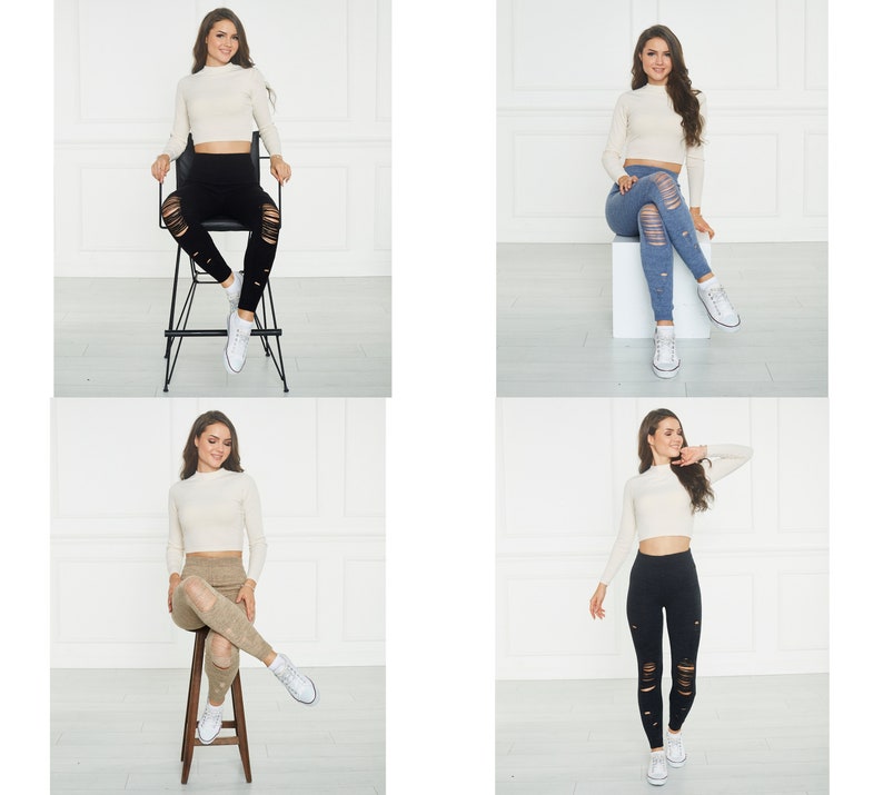 Puede incluir: Un top corto de manga larga en color crema combinado con leggings de cintura alta con aberturas horizontales desgastadas. Los leggings se muestran en negro, azul y beige, combinados con zapatillas blancas y un cuello alto ajustado.