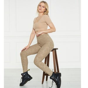 Milky Brown Knitted Stretch Women Leggings with Diamond Pattern