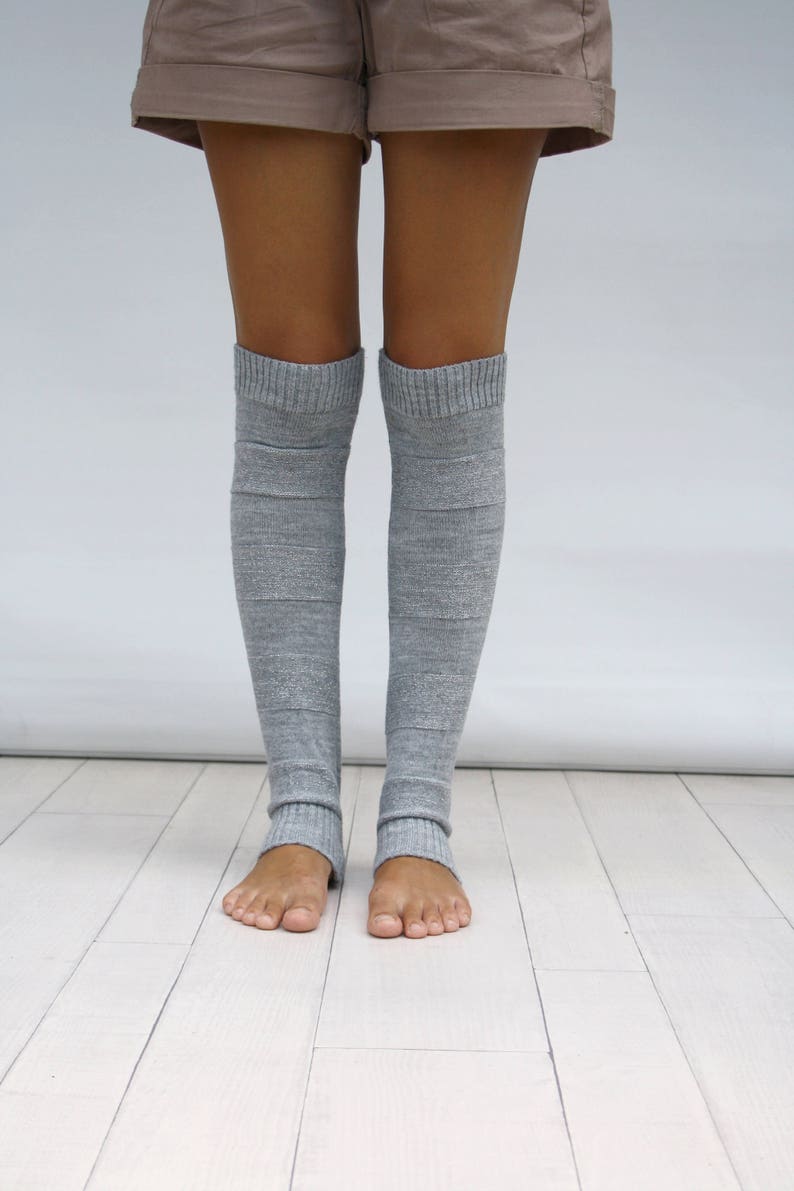 Leg Warmers Women, Gray And Silver Shining Knit Striped Leg Warmers, Dancing Leg Warmers, Mothers Day Gift, Gift For Her image 6