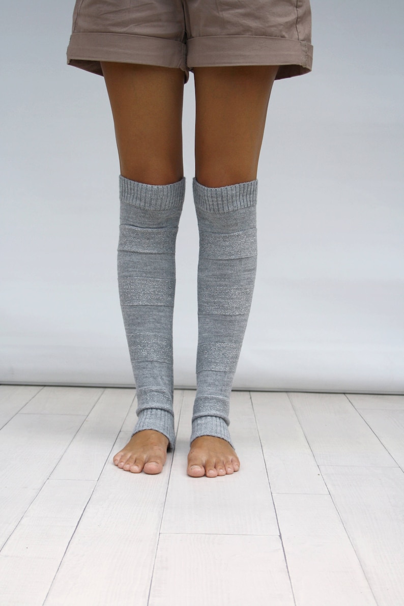 Leg Warmers Women Gray and Silver Shining Knit Striped Leg Etsy
