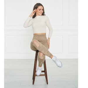 Milky Brown Knitted Stretch Ripped Women Leggings, Warm and Soft