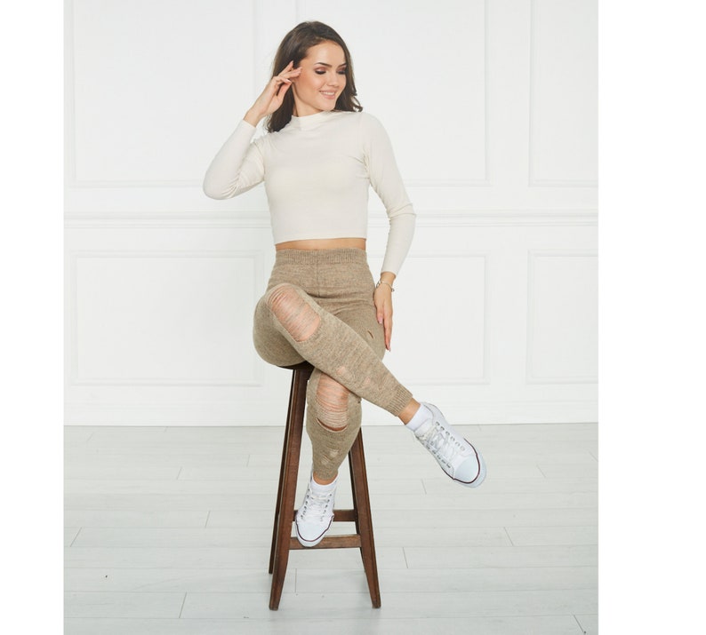Milky Brown Knitted Stretch Ripped Women Leggings, Warm and Soft