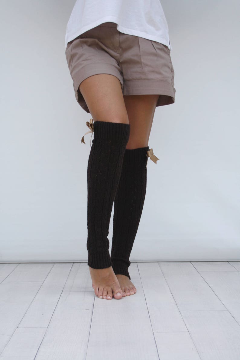Leg Warmers Women Brown Knit Leg Warmers With Bronze Ribbon Etsy