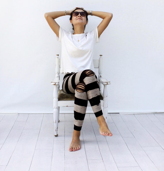 Brown and Milky Brown Knitted Striped Ripped Leggings, Leggings