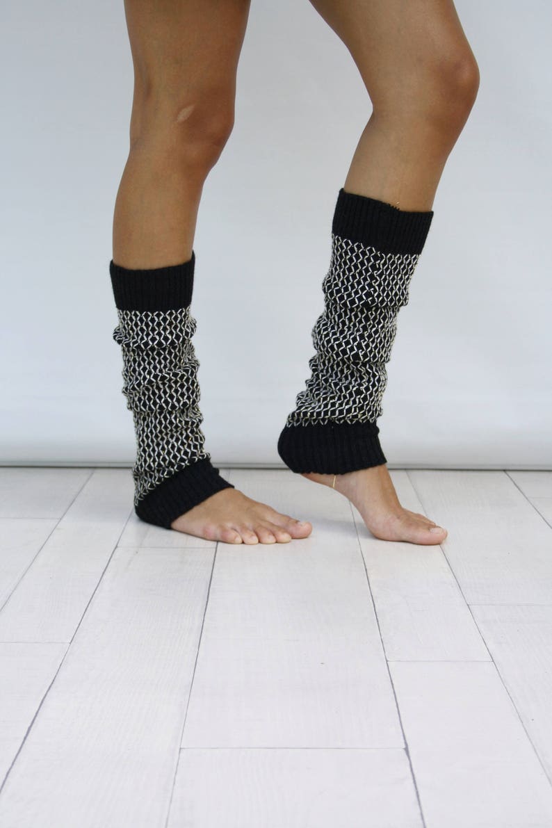 Black Knit Leg Warmers With Ivory and Gold Shining Mix Honey Etsy