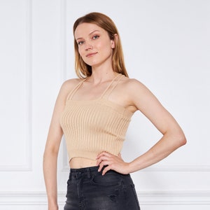 Milky Brown Viscose Ribbed Knit Crop Top For Women, Minimal Spaghetti Strapped Crop Top, Square Neck, Christmas Gifts, Yoga Top image 3