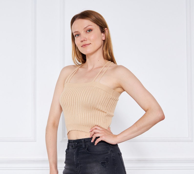 Milky Brown Viscose Ribbed Knit Crop Top For Women, Minimal Spaghetti Strapped Crop Top, Square Neck, Christmas Gifts, Yoga Top image 3
