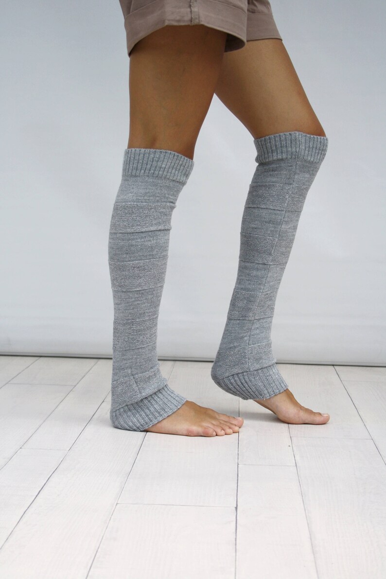 Leg Warmers Women, Gray And Silver Shining Knit Striped Leg Warmers, Dancing Leg Warmers, Mothers Day Gift, Gift For Her image 8