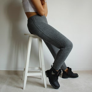 Dark Gray Knitted Cable Leggings, Leggings for Women, Winter Leggings, Mothers Day Gifts, Gift for Her, Clothing Gifts, Casual Leggings