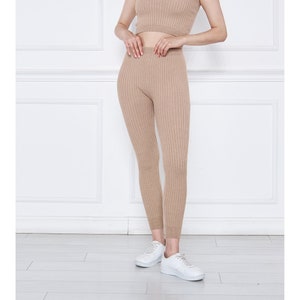 Milky Brown Ribbed Knitted Stretch Leggings, Dancing Leggings, Leggings for Women, Leggings, Gift for Her