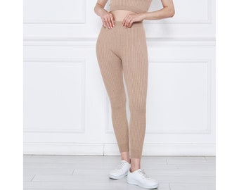 Milky Brown Ribbed Knitted Stretch Leggings, Valentine&#39;s Day Gift, Dancing Leggings, Leggings for Women, Leggings, Gift for Her