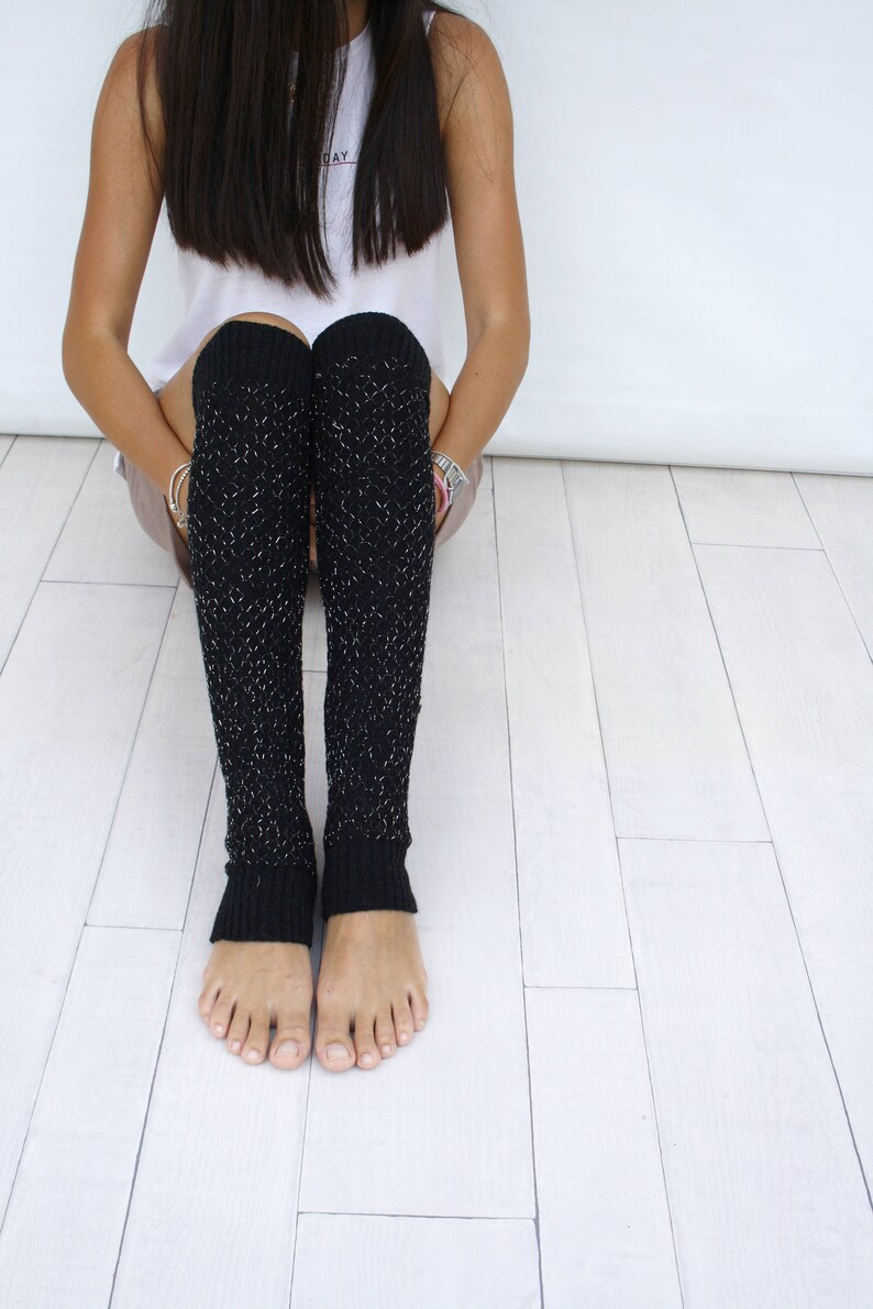 Black Knit Leg Warmers With Silver Shining Mix Honey Comb Etsy