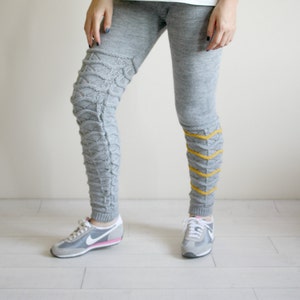 Gray Knitted Stretch Yellow Zigzag Leggings, Leggings for Women ...