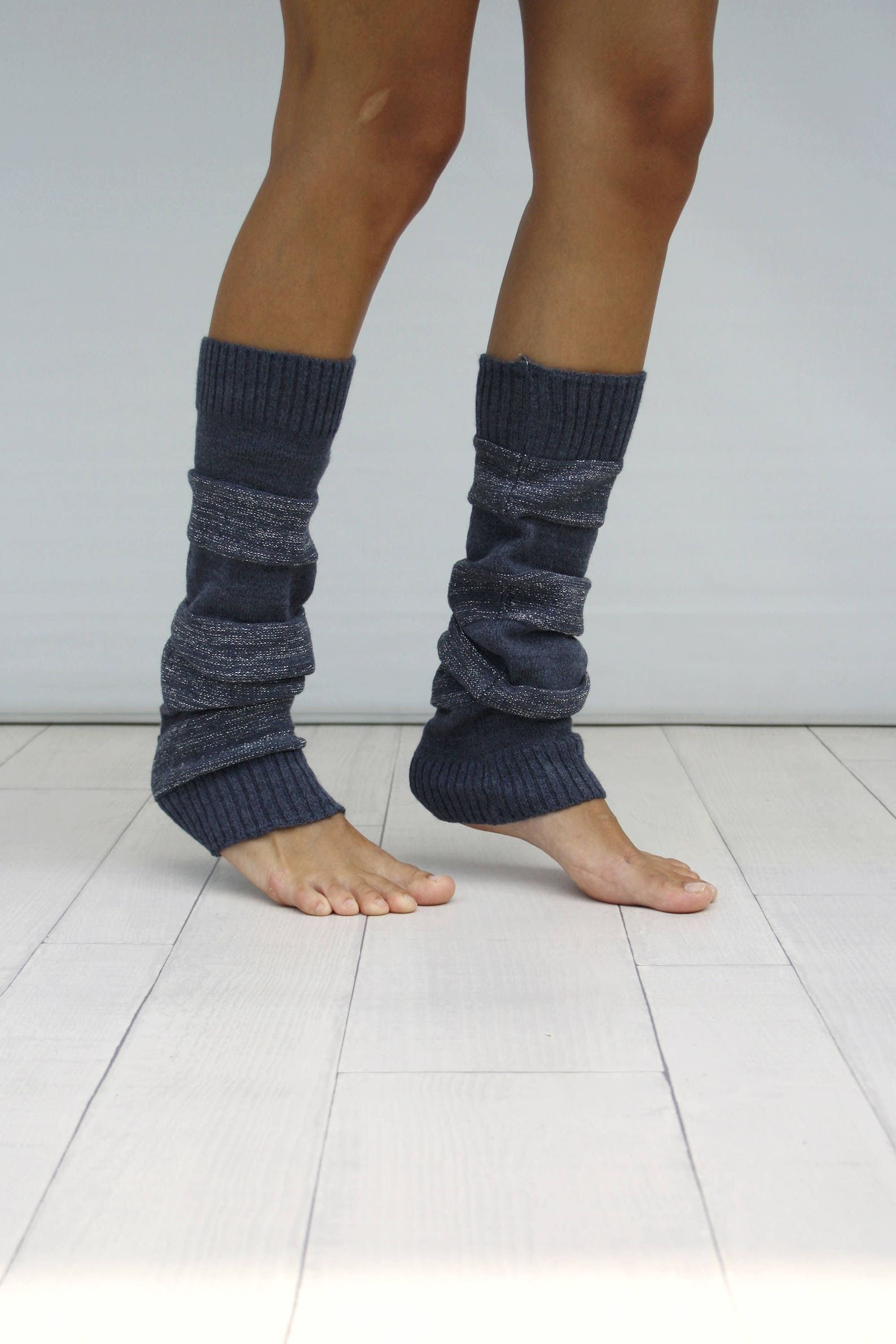 Leg Warmers Women, Indigo and Silver Shining Knit Striped Leg Warmers