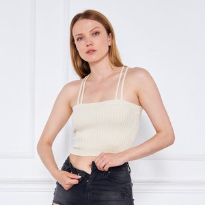 Beige Viscose Ribbed Knit Crop Top For Women, Minimal Spaghetti Strapped Crop Top, Square Neck, Christmas Gifts, Yoga Top image 2