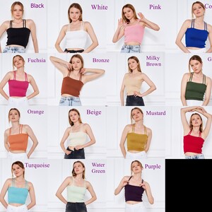 Beige Viscose Ribbed Knit Crop Top For Women, Minimal Spaghetti Strapped Crop Top, Square Neck, Christmas Gifts, Yoga Top image 10