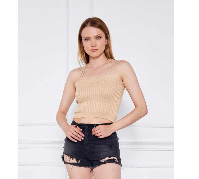 Milky Brown Viscose Ribbed Knit Crop Top For Women, Minimal Spaghetti Strapped Crop Top, Square Neck, Christmas Gifts, Yoga Top image 1