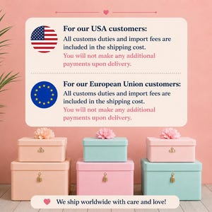 Puede incluir: Seis cajas de almacenamiento rectangulares dispuestas en dos pilas de tres. Las cajas son de color rosa pastel y azul claro, cada una con un peque&ntilde;o cierre dorado y una flor decorativa rosa en la tapa. Se sit&uacute;an sobre una superficie de madera clara.
