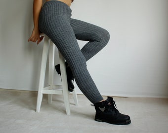 Dark Gray Ribbed Knitted Stretch Leggings, Workout Leggings, Dancing Leggings, Leggings for Women, Leggings, Christmas Gift, Gift for Her