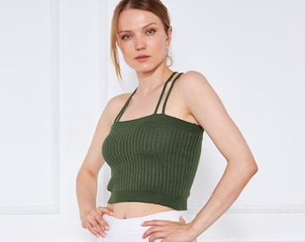 Green Viscose Ribbed Knitted Crop Top For Women, Minimal Spaghetti Strapped Crop Top, Square Neck, Mothers Day Gifts, Yoga Top
