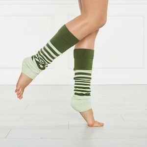 Green And Water Green Striped Knitted Women Legwarmers, Dance, Yoga
