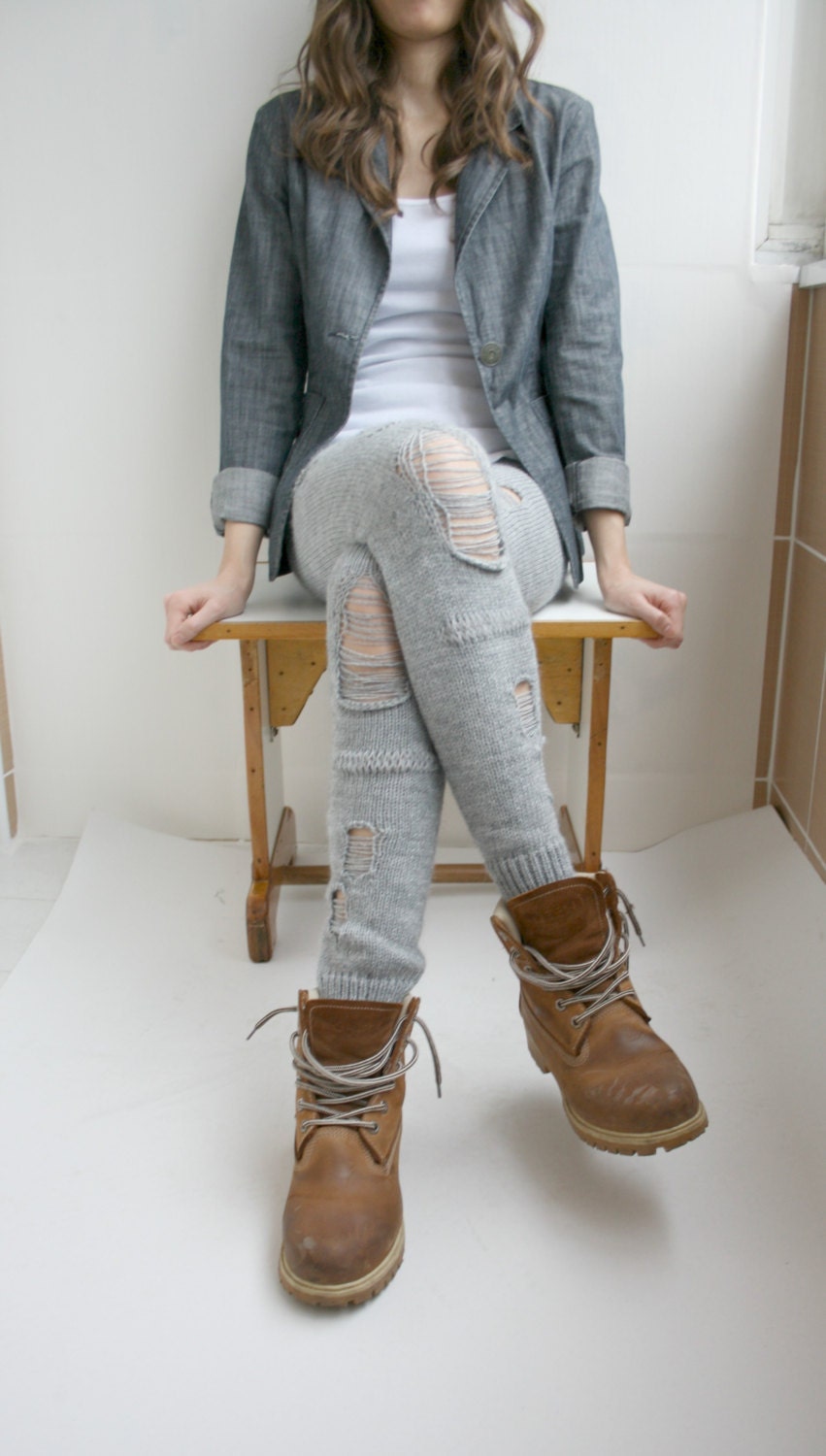 Silver Gray Knitted Stretch Ripped Leggings Clothing Gift - Etsy
