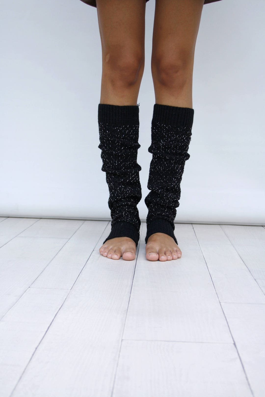 Black Knit Leg Warmers With Silver Shining Mix Honey Comb Pattern, Leg Warmers Women,dancing Leg