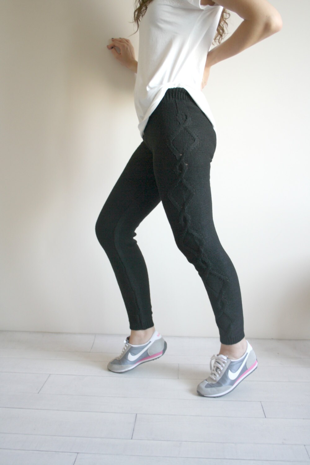 Black Knitted Stretch Leggings with Cable Pattern Valentines Etsy