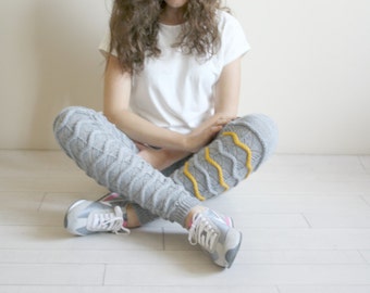 Gray Knitted Stretch Yellow ZigZag Leggings, Leggings for Women, Clothing Gift, Christmas Gifts, Gift for Her, Gift for Women