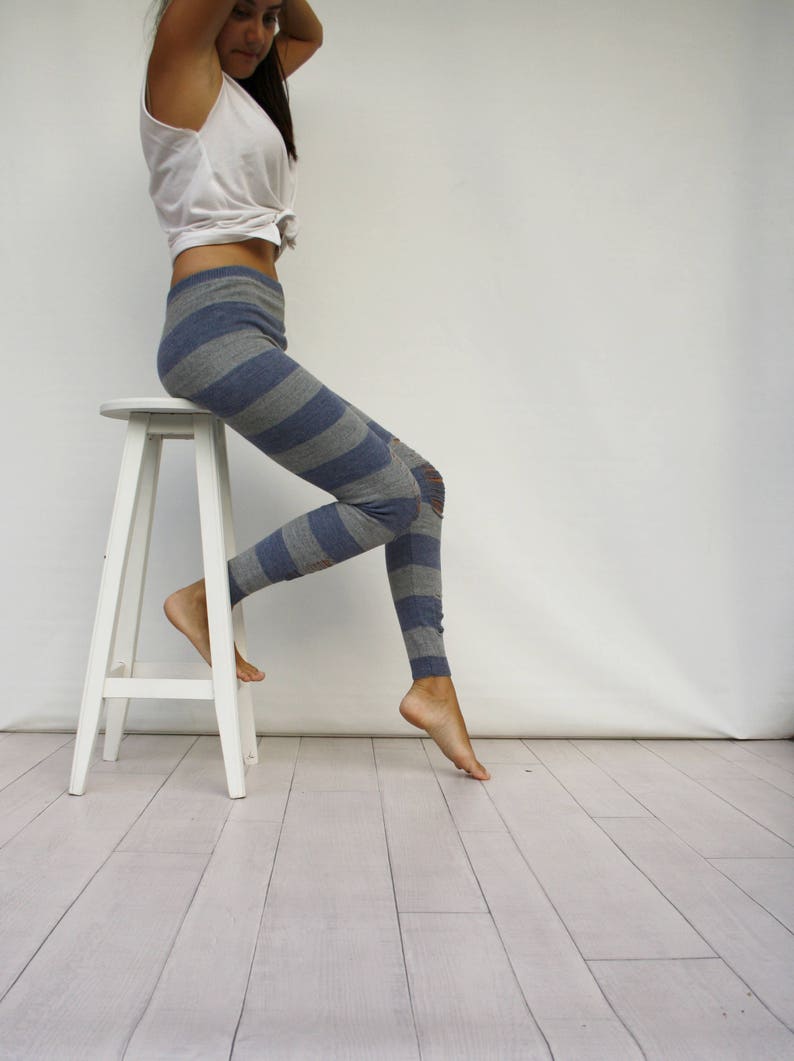Denim Blue and Gray Knitted Striped Ripped Stretch Leggings Etsy