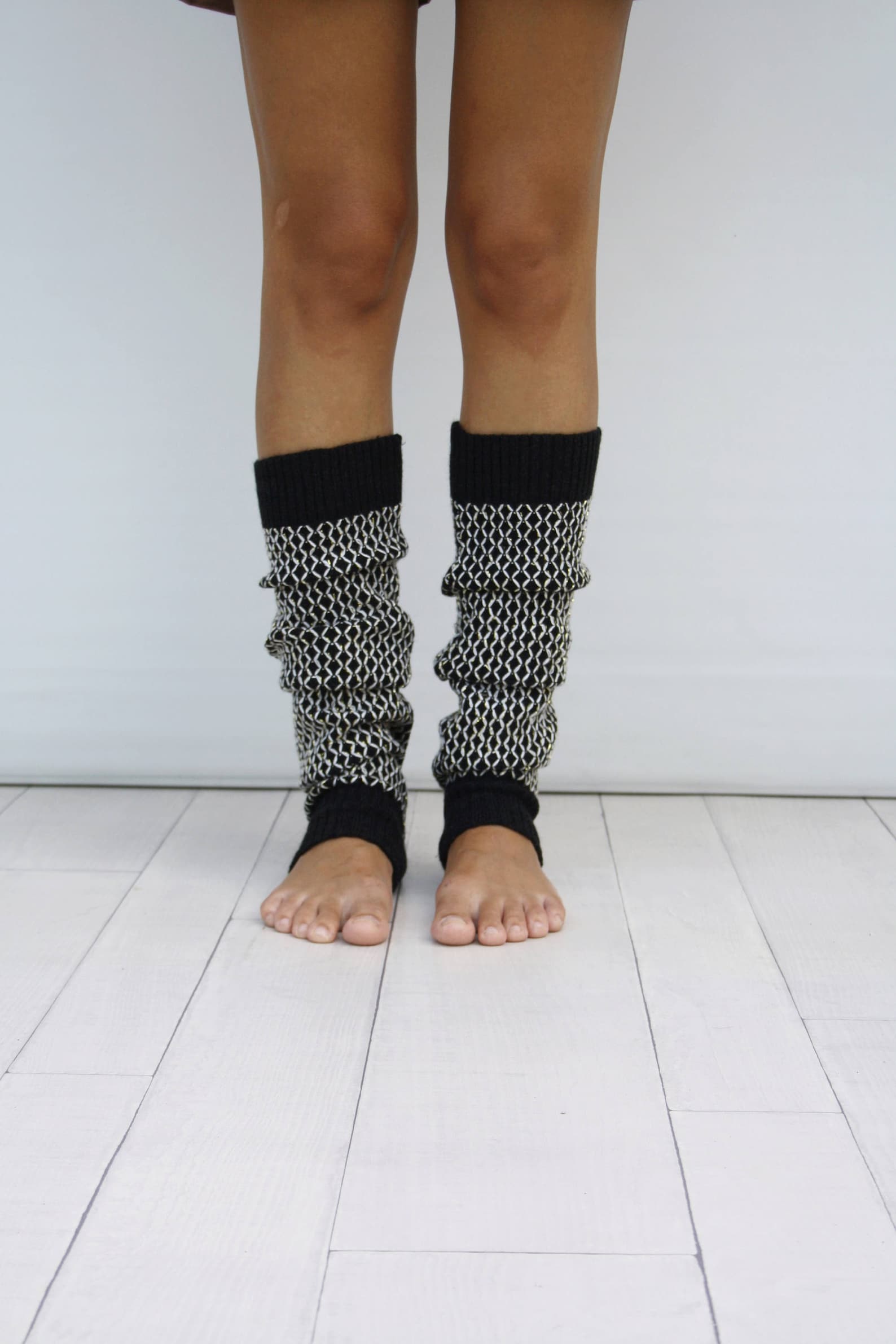 Black Knit Leg Warmers with Ivory and Gold Shining Mix Honey Etsy