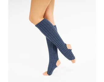 Indigo Blue Knit Ribbed Yoga Socks, Toeless Socks, Dancings Socks, Yoga Leg Warmers, Valentine's Day Gift, Yoga Gifts, Knee High Socks