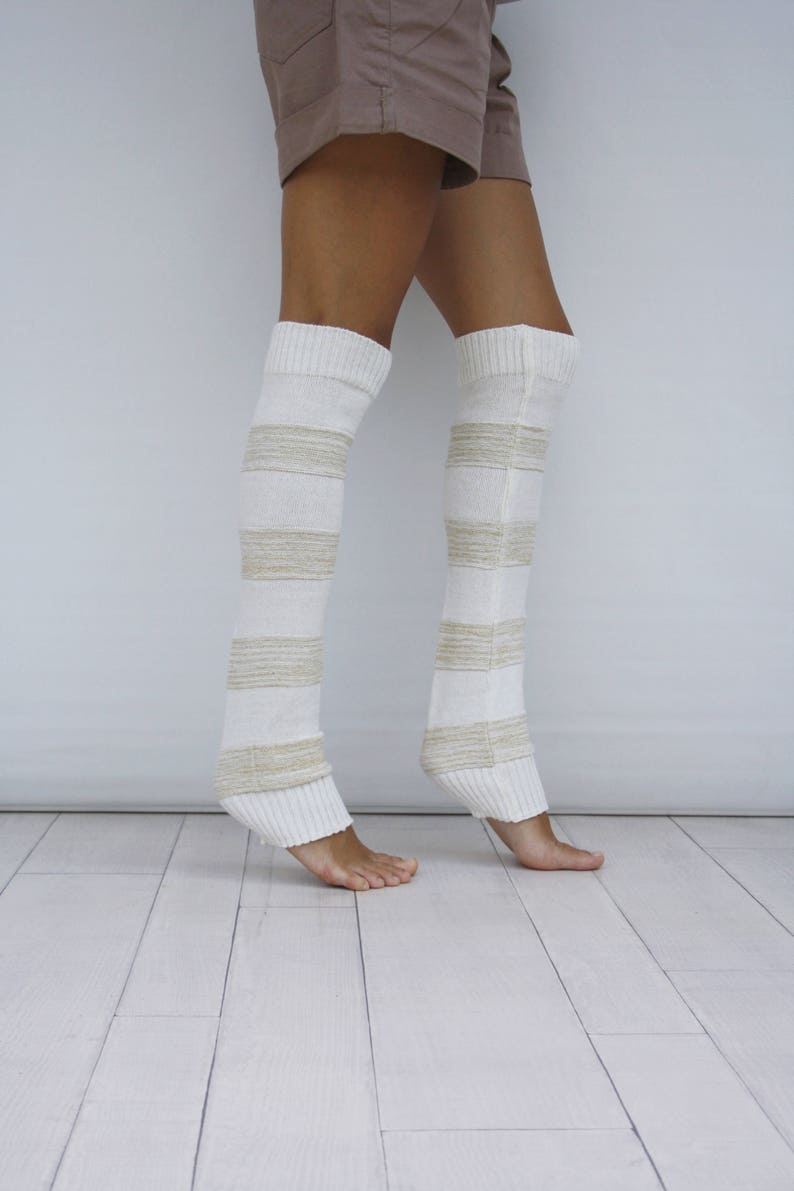 Leg Warmers Women Ivory and Gold Shining Knit Striped Leg Etsy