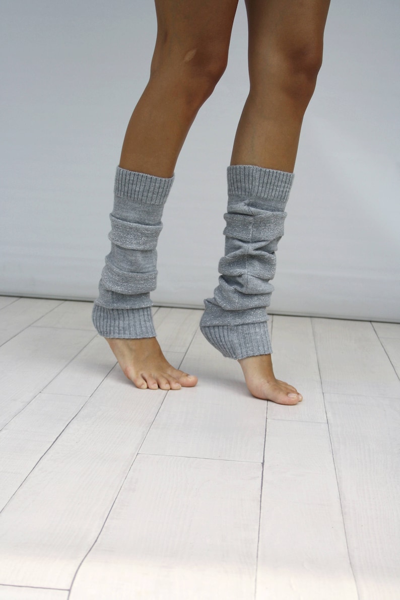 Leg Warmers Women, Gray And Silver Shining Knit Striped Leg Warmers, Dancing Leg Warmers, Mothers Day Gift, Gift For Her image 3