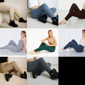 A collection of nine images showcasing different styles of knitted pants. The pants are available in a variety of colors, including beige, denim blue, brown, light gray,  emerald green, indigo blue, milky brown anddark gray. The pants are all made of a soft, comfortable material and have a relaxed fit.