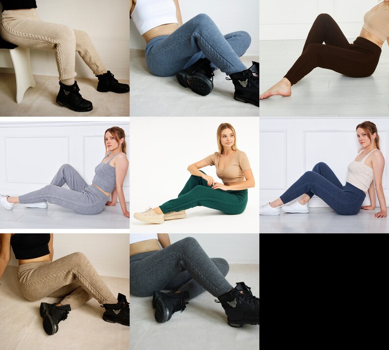 A collection of nine images showcasing different styles of knitted pants. The pants are available in a variety of colors, including beige, denim blue, brown, light gray,  emerald green, indigo blue, milky brown anddark gray. The pants are all made of a soft, comfortable material and have a relaxed fit.
