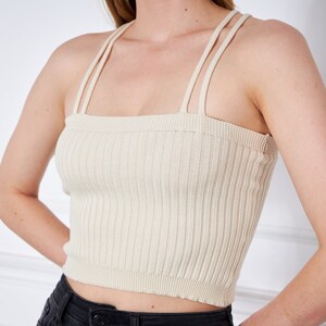 Beige Viscose Ribbed Knit Crop Top For Women, Minimal Spaghetti Strapped Crop Top, Square Neck, Christmas Gifts, Yoga Top image 9