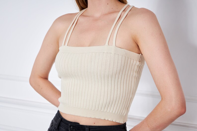 Beige Viscose Ribbed Knit Crop Top For Women, Minimal Spaghetti Strapped Crop Top, Square Neck, Christmas Gifts, Yoga Top image 9