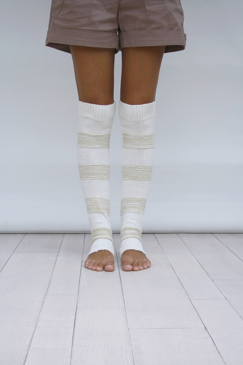 Leg Warmers Women Ivory And Gold Shining Knit Striped Leg Etsy