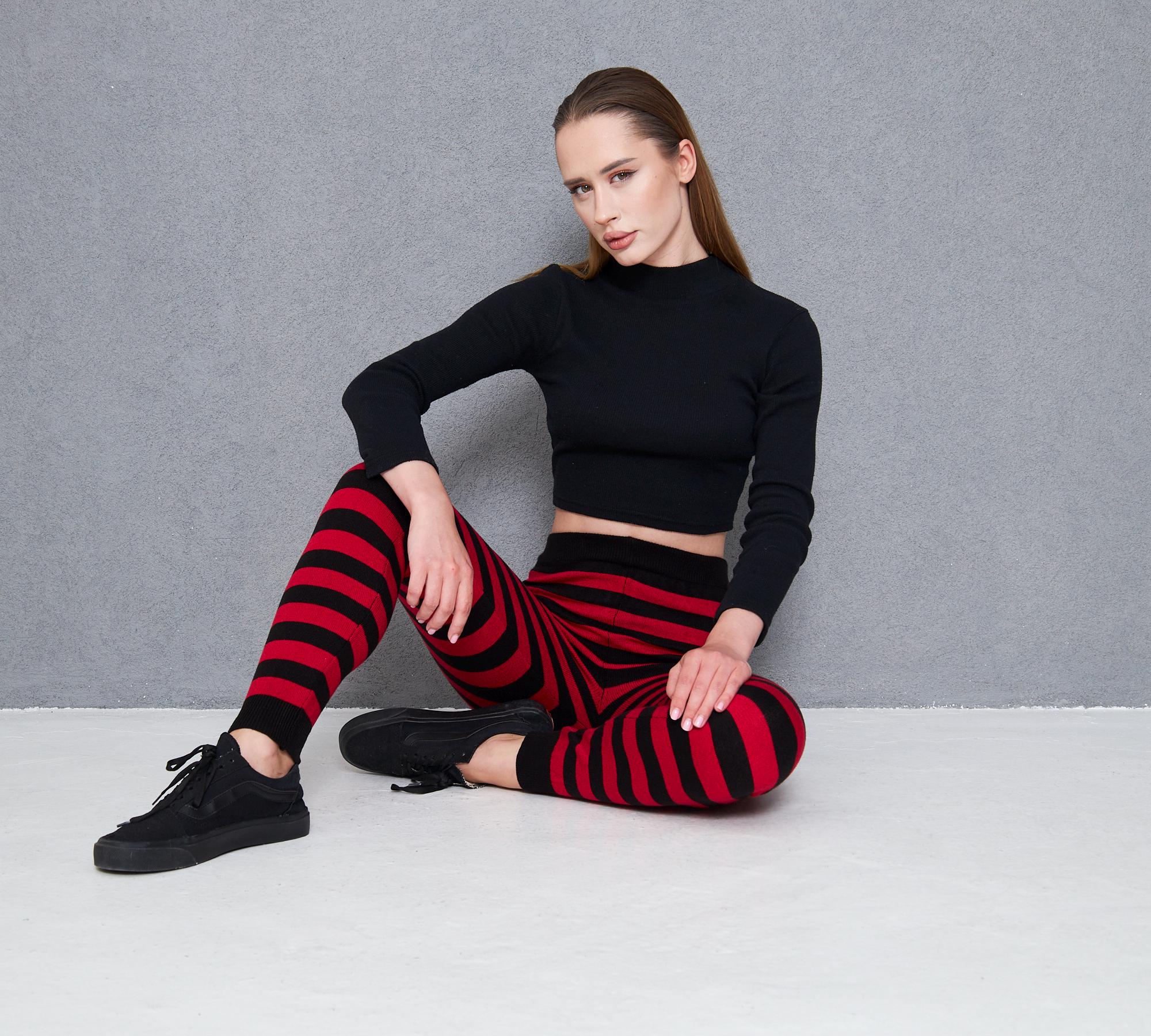 Red and Black Striped Knitted Leggings: Soft & Warm Acrylic Blend