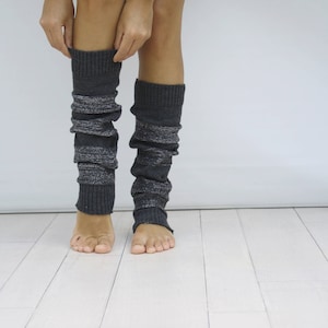 Charcoal And Silver Shining Knitted Striped Leg Warmers, Legwarmers Women, Legwarmers Adult, Mothers Day Gifts, Gifts For Her, Yoga Gifts